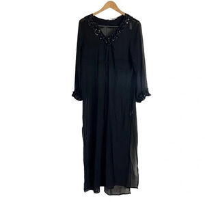 Roamans Long Sheer Black Dress Size Large Sequin Trim Drawstring Waist Polyester